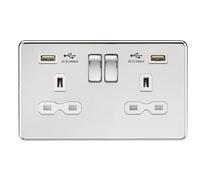 Knightsbridge SFR9224PCW Screwless 13A 2G Switch Socket + 2xUSB 2.4A - Polished Chrome + White Insert
