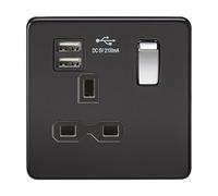 KnightsBridge 13A 1G Screwless Matt Black 1G Switched Socket with Dual 5V USB Charger Ports - Black Insert