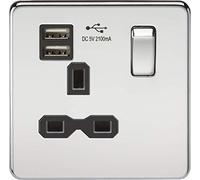 Knightsbridge SFR9901PC Screwless 13A 1G Switched Socket with Dual USB Charger-Polished Chrome with Black Insert, Silver