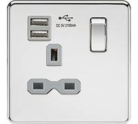 Knightsbridge SFR9901PCG Screwless 1G Switched Socket with 2.1 A Dual USB Charger, Polished Chrome with Grey Insert, 13 A