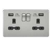 Knightsbridge SFR9902BC Screwless 13A 2G Switched Socket with Dual USB Charger-Brushed Chrome with Black Insert, Silver