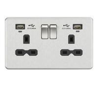 Knightsbridge SFR9904NBC Screwless 13A 2G Switched Socket + 2x USB (2.4A) + LED Indicators - Brushed Chrome + Black Insert