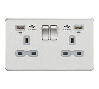 Knightsbridge 13A 2G Switched Socket, Dual USB (2.4A) with LED Charge Indicators - Brushed Chrome w/grey insert - SFR9904NBCG