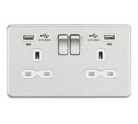 KnightsBridge 13A 2G Switched Sockets, Dual USB (2.4A) with LED Charge Indicators - Brushed Chrome - White Insert