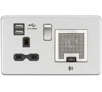 Knightsbridge SFR9905BC Screwless 13A Socket + 2xUSB(2.4A) + Bluetooth Speaker - Brushed Chrome + Black Insert