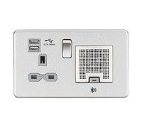 Knightsbridge SFR9905BCG Screwless Socket with 2.4 A USB Chargers and Bluetooth Speaker, Brushed Chrome with Grey Insert, 13 A