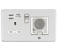 Knightsbridge SFR9905BCW Screwless Socket with 2.4 A USB Chargers and Bluetooth Speaker, Brushed Chrome with white Insert, 13 A