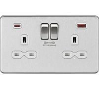 Knightsbridge SFR9909 Screwless Twin Switched Socket with Dual Fastcharge USB C Ports in Brushed Chrome with White Insert