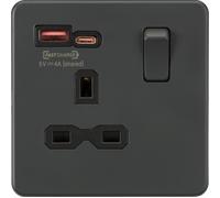 Screwless 13A 1G Switched Skt w/ Dual USB FASTCHARGE ports A/C; 5-12V 4A shared