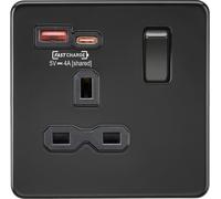 Knightsbridge London Switched Socket 13A 1G – Dual USB A+C FASTCHARGE – Matt Black