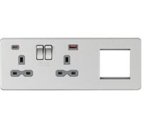 Knightsbridge SFR992LBCG Screwless 13A 2G DP Socket + 2xUSB (A+C) FAST + 2G Modular Combination Plate (L) - Brushed Chrome + Grey Insert