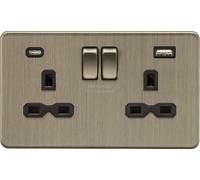 Knightsbridge SFR9940AB Screwless 13A 2G SP Switched Socket + 2xUSB C (5V DC 4.0A Shared) - Antique Brass + Black Insert