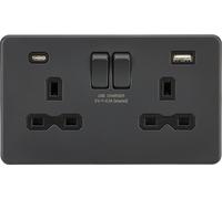 Knightsbridge SFR9940AT Screwless 13A 2G SP Switched Socket + 2xUSB A+C (5V DC 4.0A Shared) - Anthracite + Black Insert