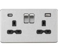 13A 2G SP Switched Socket with Dual USB A+C (5V DC 4.0A shared) - Brushed Chrome with Black Insert