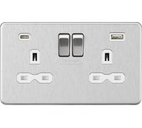 Knightsbridge SFR9940BCW Screwless 13A 2G SP Switched Socket + 2xUSB C (5V DC 4.0A Shared) - Brushed Chrome + White Insert