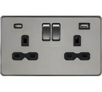 Knightsbridge Switched Socket - 13A 2G, Dual USB A+C 5V/4A shared - Black Nickel & Black Insert