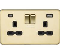 Knightsbridge SFR9940PB Screwless 13A 2G SP Switched Socket + 2xUSB A+C (5V DC 4.0A Shared) - Polished Brass + Black Insert