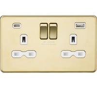 Knightsbridge SFR9940PBW Screwless 13A 2G SP Switched Socket + 2xUSB A+C (5V DC 4.0A Shared) - Polished Brass + White Insert