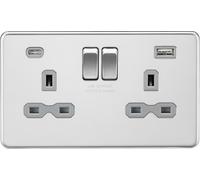 13A 2G SP Switched Socket with Dual USB C (5V DC 4.0A shared) - Polished Chrome with Grey Insert