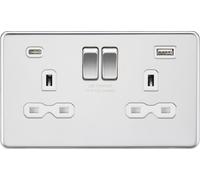 Knightsbridge Switched Socket SFR9940PCW - 2x USB A+C (5V/4A) - Polished Chrome & White Insert