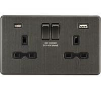 Knightsbridge SFR9940SB Screwless 13A 2G SP Switched Socket + 2xUSB A+C (5V DC 4.0A Shared) - Smoked Bronze + Black Insert