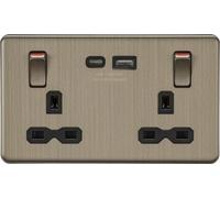 Knightsbridge SFR9941AB Screwless 13A 2G DP Socket Dual USB C Metal Outboard Rockers with Red Flash - Antique Brass + Black Insert