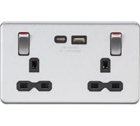 Knightsbridge SFR9941BC Screwless 13A 2G DP Socket Dual USB C Metal Outboard Rockers with Red Flash - Brushed Chrome + Black Insert