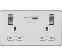 Knightsbridge SFR9941BCW Screwless 13A 2G DP Socket Dual USB C Metal Outboard Rockers with Red Flash - Brushed Chrome + White Insert