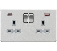 Knightsbridge SFR9945BCG Screwless 13A 2G DP Switched Socket +2x USB C (45W FASTCHARGE) - Brushed Chrome + Grey Insert