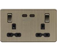 Knightsbridge SFR9965AB Screwless 13A 2G DP Switched Socket with Dual USB-C (65W DUAL FASTCHARGE) - Antique Brass + Black Insert