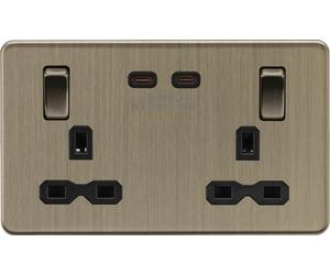 Knightsbridge SFR9965AB Screwless 13A 2G DP Switched Socket with Dual USB-C (65W DUAL FASTCHARGE) - Antique Brass + Black Insert