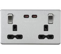 Knightsbridge SFR9965BC Screwless 13A 2G DP Switched Socket with Dual USB-C (65W DUAL FASTCHARGE) - Brushed Chrome + Black Insert