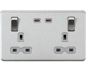 Knightsbridge SFR9965BCG Screwless 13A 2G DP Switched Socket with Dual USB-C (65W DUAL FASTCHARGE) - Brushed Chrome + Grey Insert