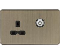 Knightsbridge SFR9LOCKAB Screwless 13A 1G DP Lockable Socket - Antique Brass + Black Insert