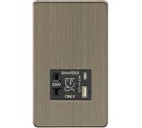 Knightsbridge SF8909AB Screwless Dual Voltage Shaver Socket + 2xUSB C (5V DC 2.4A Shared) - Antique Brass
