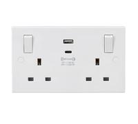 Knightsbridge Square Edge White 13A Double Switched Socket with Outboard Rockers and Dual USB (A+C) QC18W/ USB-PD 45W (SN9003)