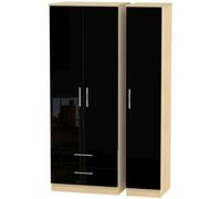 Knightsbridge Tall Triple Wardrobe - 3 Door - LHF 2 Drawers - Black Gloss and Light Oak