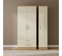 Knightsbridge Wardrobe - 3 Door - Tall Triple - LHF 2 Drawers - Cream Gloss and Light Oak