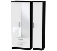 Knightsbridge White Gloss and Black 3 Door Combi Wardrobe - 1 Mirror and LHF 2 Drawers