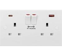 Knightsbridge White Square edge Plastic 13A 2G DP Switched Socket with Dual USB FASTCHARGE ports (A + C)