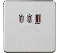 Knightsbridge SF63WBCG Screwless 230V Triple USB Charger Plate 2xUSB-C 1xUSB-A [20V DC Max. 63W] - Brushed Chrome + Grey Insert
