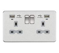 KNIGHTSBRIDGESFR9904NBCG SCREWLESS BRUSHED CHROME 13A 2G SWITCHED SOCKET [GREY] W/DUAL USBCHARGER