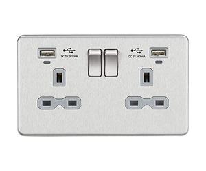 KNIGHTSBRIDGESFR9904NBCG SCREWLESS BRUSHED CHROME 13A 2G SWITCHED SOCKET [GREY] W/DUAL USBCHARGER