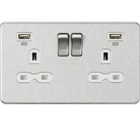 KnightsBridge 13A 2G Switched Sockets, Dual USB (2.4A) with LED Charge Indicators - Brushed Chrome - White Insert