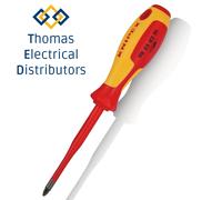 KNIPEX Screwdriver (Slim) for Cross-Recessed Screws Pozidriv Insulating Multi-Component Handle, VDE-Tested 212 mm, 98 25 02 SL