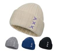 Knit Beanie Hat Soft Winter Hat Minimalist Ribbed with Contrast Cross Stitch Detail Unisex Casual Style for Men Women (UK, Alpha, One Size, Beige)