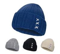Knit Beanie Hat Soft Winter Hat Minimalist Ribbed with Contrast Cross Stitch Detail Unisex Casual Style for Men Women (UK, Alpha, One Size, Blue)