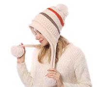 Knit Beanie with Pom Pom Peruvian Hat Skull Cap Earflap Winter Hats for Women Beige