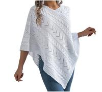 Knit Cape Coat Women Knitted Cloak Sweater Elegant Shawl Wrap Coats for Autumn Winter Solid Pullover V Neck Crochet Jumper Party Ponchos Capes Going Out Tops White