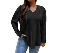 Knit Jumper Women Womens V Neck Jumpers Women's Crew Neck Long Sleeved Hoodie Drawstring Pullover Hoodie Top Asymmetric Jumpers Ladies Hoodies (Black, L)
